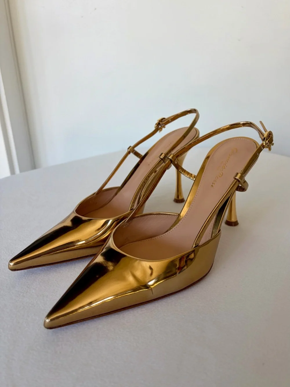 Gianvito Rossi Ascent Metallic Gold Pointed Slingback Heels, 38 (7.5), EUC